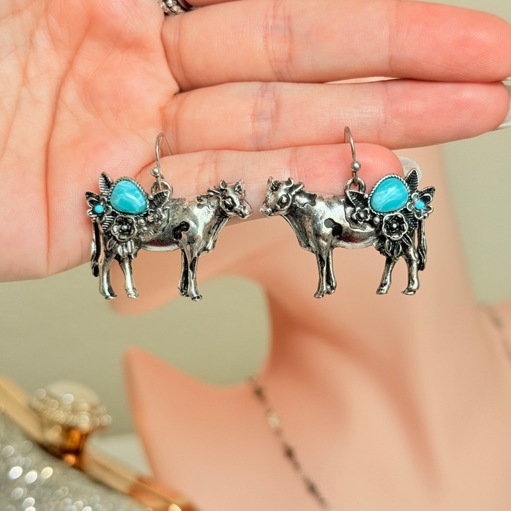Silver and Turquoise Cow Earrings - Picture 4 of 8